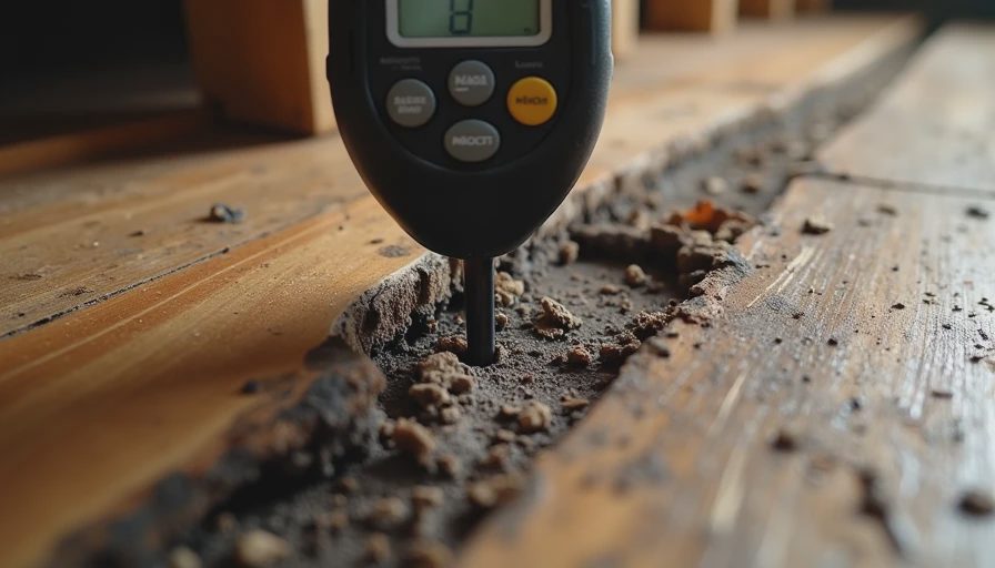 Close-up of water-damaged wooden subfloor with inspection tools