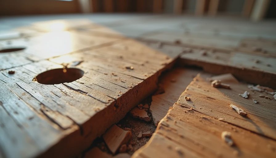 Close-up of rotten wooden subfloor with water damage during bathroom demolition