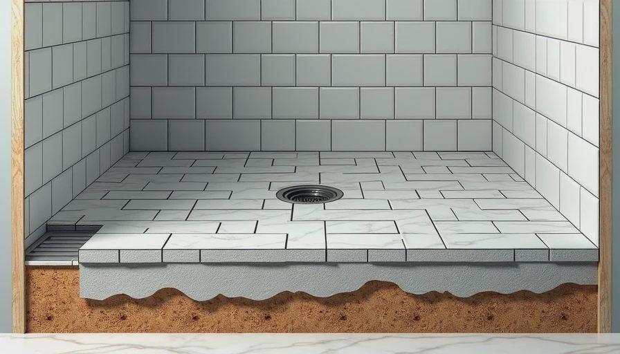Cross-section of correctly built shower pan with waterproofing layers