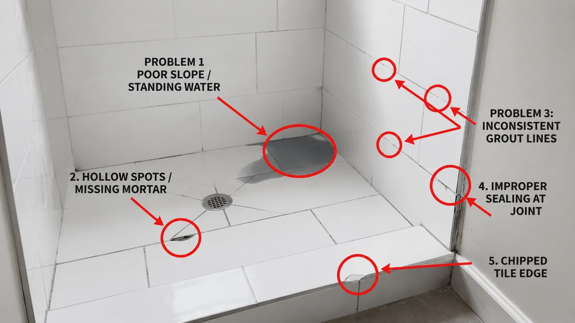 Annotated photo showing five common shower tile installation errors