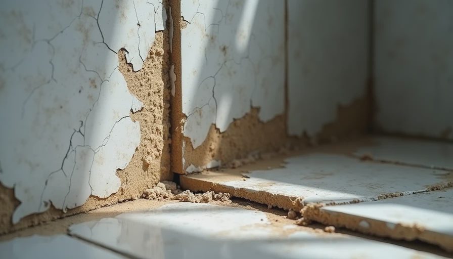 Close-up of common shower waterproofing failure with cracked grout and water damage