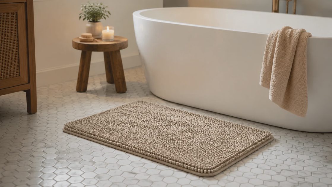 absorbent bath mat beside tub on mosaic tile floor