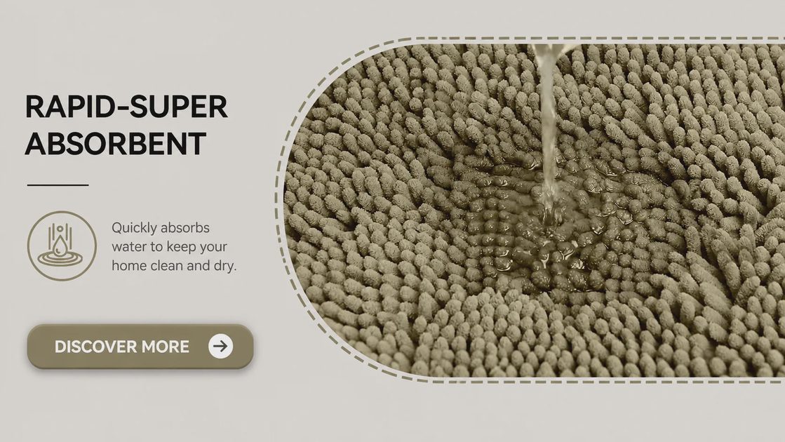 Rapid super absorbent chenille bath mat demonstrating water absorption to keep floors dry.