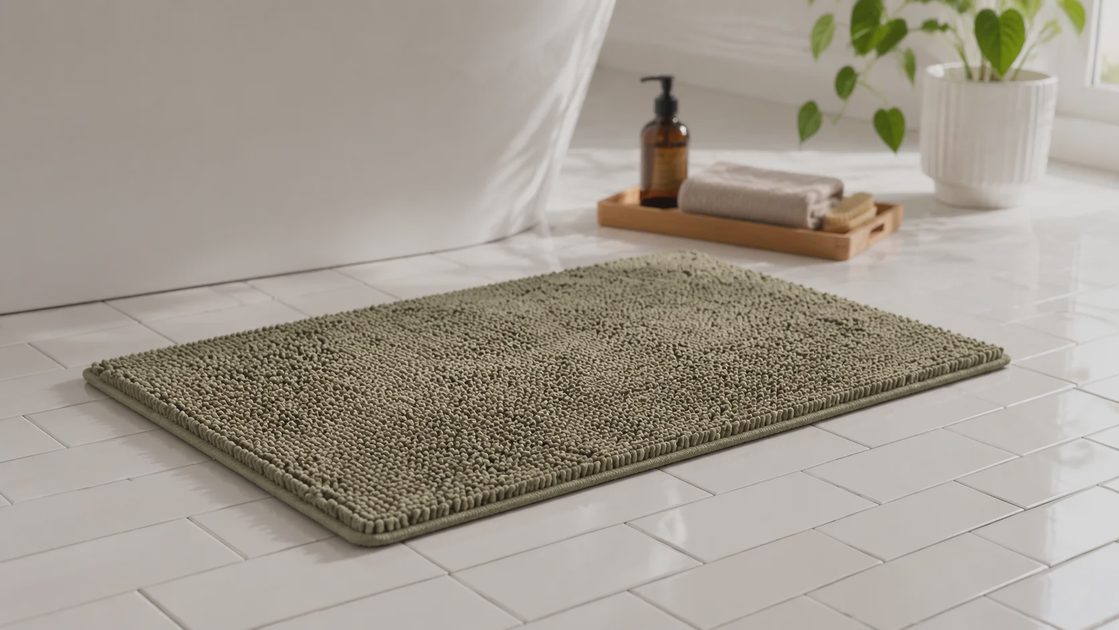  small non slip chenille bath mat in khaki on bathroom tile